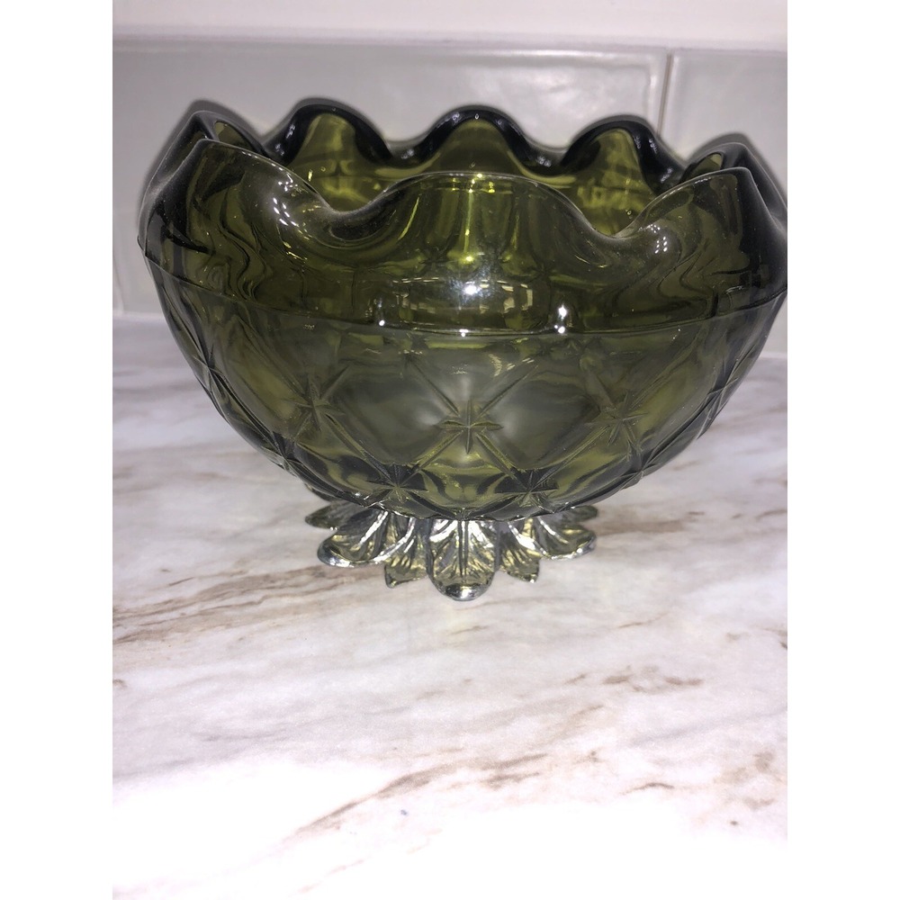 Vintage 1960s Indiana Glass Bowl Quilted Duette Pattern Bowl Metal Pedestal. - Picture 9 of 9